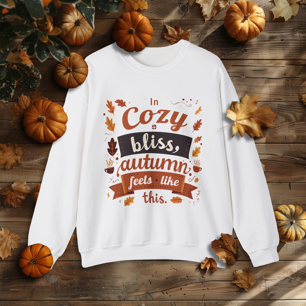 Autumn Cozy Bliss Sweatshirt, Fall Leaves Crewneck Jumper, Thanksgiving Gift, Warm and Cozy Clothing, White Pullover Sweater, Seasonal