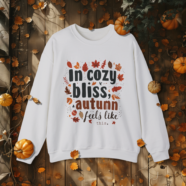 Autumn Bliss Typography Sweatshirt, Cozy White Fall Leaf Design, Unisex Crewneck Jumper, Autumn Apparel Gift, Thanksgiving Outfit, Holiday