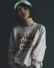 Autumn Bliss Typography Sweatshirt, Cozy White Fall Leaf Design, Unisex Crewneck Jumper, Autumn Apparel Gift, Thanksgiving Outfit, Holiday