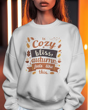 Autumn Cozy Bliss Sweatshirt, Fall Leaves Crewneck Jumper, Thanksgiving Gift, Warm and Cozy Clothing, White Pullover Sweater, Seasonal