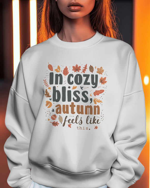 Autumn Bliss Typography Sweatshirt, Cozy White Fall Leaf Design, Unisex Crewneck Jumper, Autumn Apparel Gift, Thanksgiving Outfit, Holiday