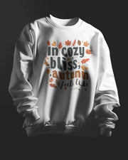 Autumn Bliss Typography Sweatshirt, Cozy White Fall Leaf Design, Unisex Crewneck Jumper, Autumn Apparel Gift, Thanksgiving Outfit, Holiday