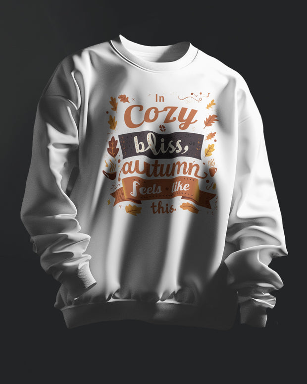 Autumn Cozy Bliss Sweatshirt, Fall Leaves Crewneck Jumper, Thanksgiving Gift, Warm and Cozy Clothing, White Pullover Sweater, Seasonal