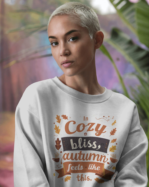 Autumn Cozy Bliss Sweatshirt, Fall Leaves Crewneck Jumper, Thanksgiving Gift, Warm and Cozy Clothing, White Pullover Sweater, Seasonal