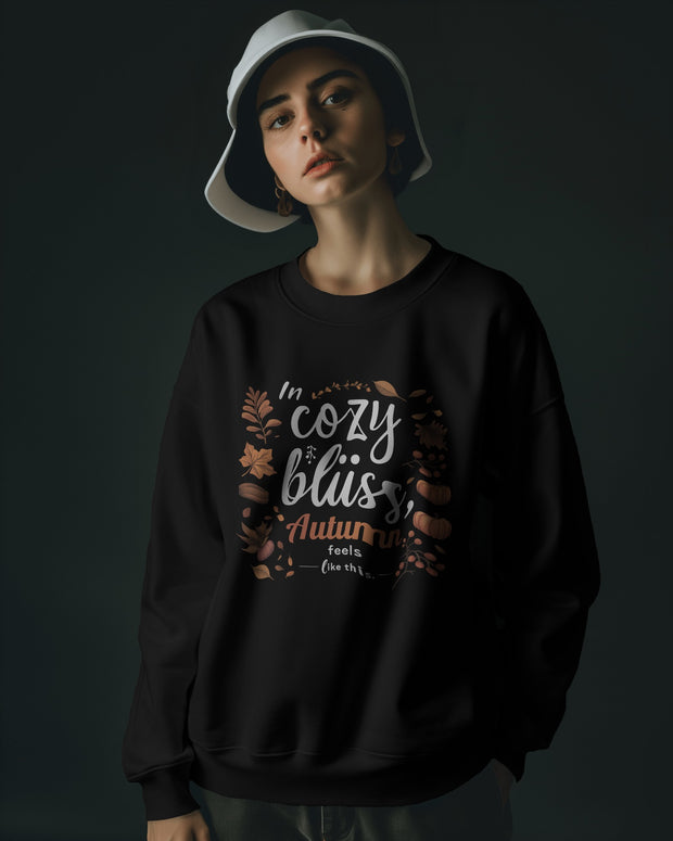 Cozy Bliss Autumn Vibes Crewneck Sweatshirt, Fall Feeling Jumper, Comfy Pullover, Warm Black Sweater, Seasonal Apparel