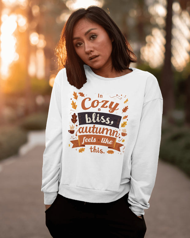 Autumn Cozy Bliss Sweatshirt, Fall Leaves Crewneck Jumper, Thanksgiving Gift, Warm and Cozy Clothing, White Pullover Sweater, Seasonal