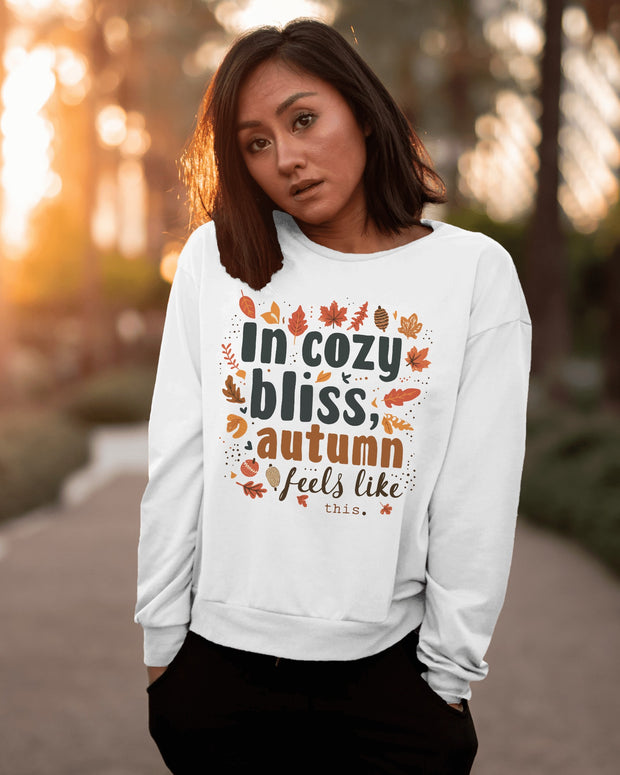 Autumn Bliss Typography Sweatshirt, Cozy White Fall Leaf Design, Unisex Crewneck Jumper, Autumn Apparel Gift, Thanksgiving Outfit, Holiday