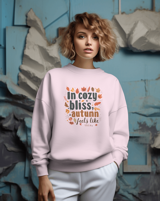 Autumn Bliss Typography Sweatshirt, Cozy White Fall Leaf Design, Unisex Crewneck Jumper, Autumn Apparel Gift, Thanksgiving Outfit, Holiday