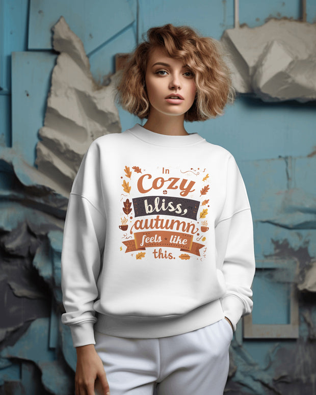 Autumn Cozy Bliss Sweatshirt, Fall Leaves Crewneck Jumper, Thanksgiving Gift, Warm and Cozy Clothing, White Pullover Sweater, Seasonal