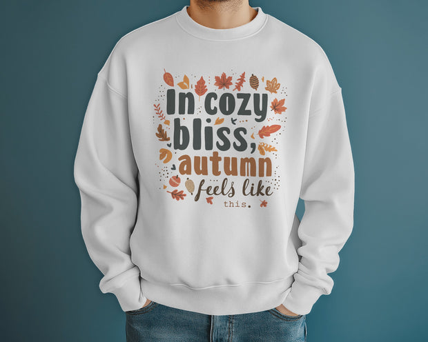 Autumn Bliss Typography Sweatshirt, Cozy White Fall Leaf Design, Unisex Crewneck Jumper, Autumn Apparel Gift, Thanksgiving Outfit, Holiday