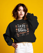 Cozy Bliss Autumn Vibes Crewneck Sweatshirt, Fall Feeling Jumper, Comfy Pullover, Warm Black Sweater, Seasonal Apparel