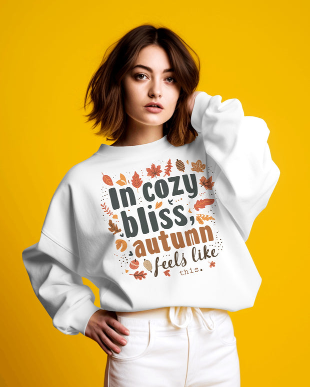 Autumn Bliss Typography Sweatshirt, Cozy White Fall Leaf Design, Unisex Crewneck Jumper, Autumn Apparel Gift, Thanksgiving Outfit, Holiday