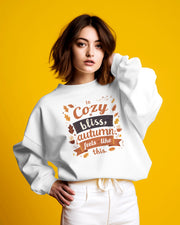 Autumn Cozy Bliss Sweatshirt, Fall Leaves Crewneck Jumper, Thanksgiving Gift, Warm and Cozy Clothing, White Pullover Sweater, Seasonal