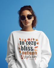 Autumn Bliss Typography Sweatshirt, Cozy White Fall Leaf Design, Unisex Crewneck Jumper, Autumn Apparel Gift, Thanksgiving Outfit, Holiday