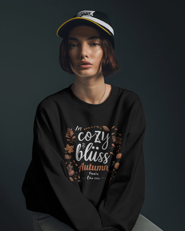 Cozy Bliss Autumn Vibes Crewneck Sweatshirt, Fall Feeling Jumper, Comfy Pullover, Warm Black Sweater, Seasonal Apparel